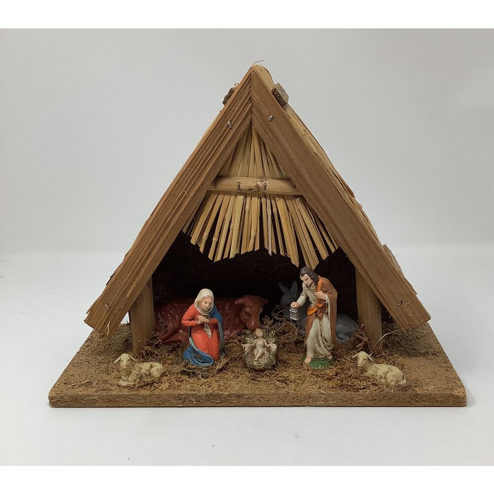 Vintage Nativity Set with Wood Stable - Manger Scene - Christmas Decor